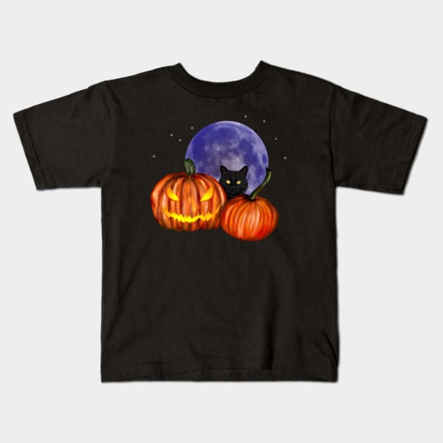 Halloween Black Cat Orange Pumpkins Art Kids T-Shirt by H. R. Sinclair
